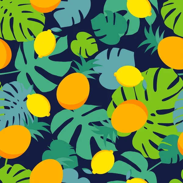 Fondo vectorial sin costuras con frutas tropicales sobre un fondo oscuro . — Vector de stock