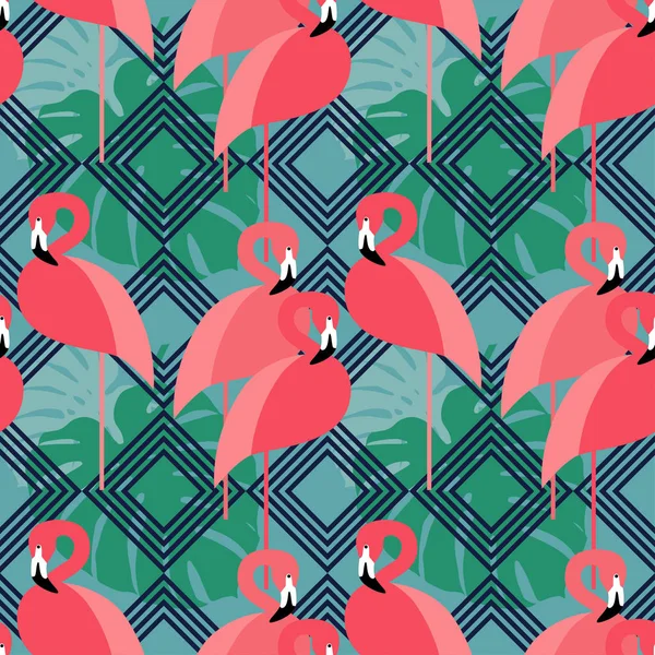 Seamless vector background. Pink Flamingo on a tropical background. — Stock Vector