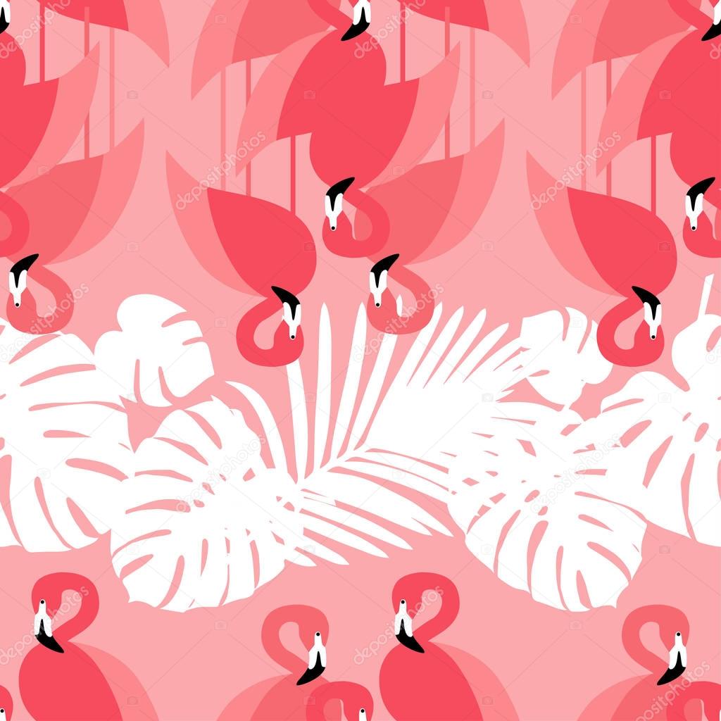Seamless vector background. Pink Flamingo on a tropical background.