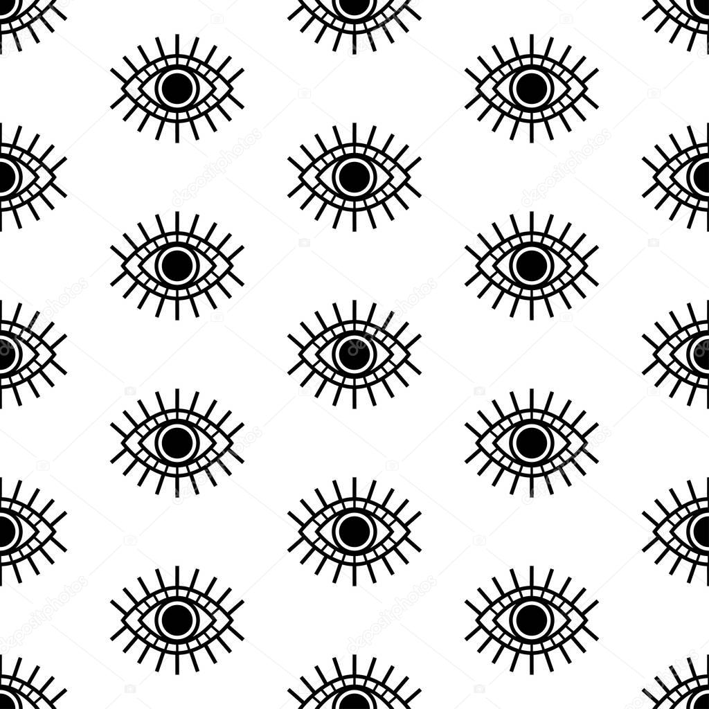 Vector seamless pattern with open decorative black eyes isolated on white background.