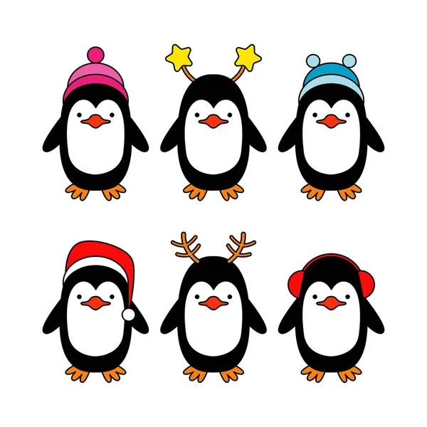 Tarjeta de felicitación de Navidad vectorial con pingüinos de dibujos animados . — Vector de stock