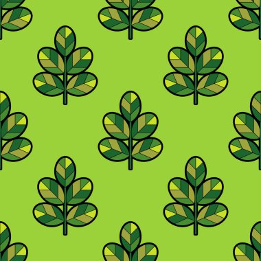 Dekoratif yeşil ile sorunsuz arka plan siyah anahat ile yeşil bir arka plan üzerinde bırakır. Vektör çizim. Düz tasarım.