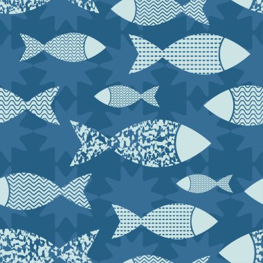 Seamless vector background with decorative fish in the sea. Vector illustration. Flat design. clipart