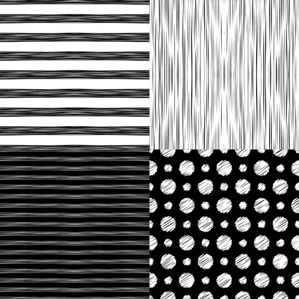 Set aus 3 nahtlosen Grunge-Mustern und 1 Polka Dot nahtlosen Mustern. Vektorillustration. Textilbeziehung. — Stockvektor