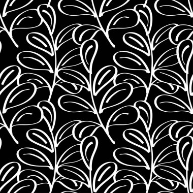 Dekoratif boyalı dalları ve yaprakları ile siyah anahat kesintisiz arka plan. Tekstil rapport.