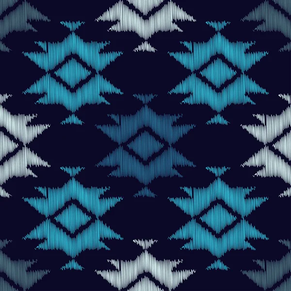 Modèle sans couture bleu boho ethnique. Broderie sur tissu. Motif rétro. Illustration vectorielle. Relation textile . — Image vectorielle