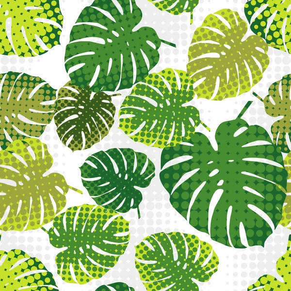 Monstera blättert im Halbtonstil. nahtloser Vektorhintergrund. Sommer tropisches Design. Textilbeziehung. — Stockvektor