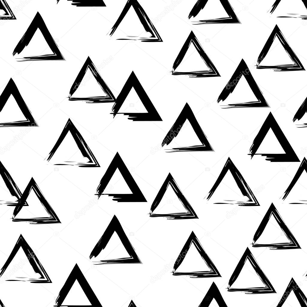 Seamless vector black and white background of hand drawn triangles. Lines textures of pen. Textile rapport.