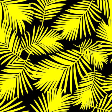 Seamless vector background with Yellow leaves of palm trees on a black background. Summer tropical design. Textile rapport. clipart