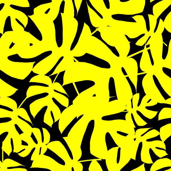 Nahtloser Vektorhintergrund mit gelben Blättern von Palmen auf schwarzem Hintergrund. Sommer tropisches Design. Textilbeziehung. — Stockvektor