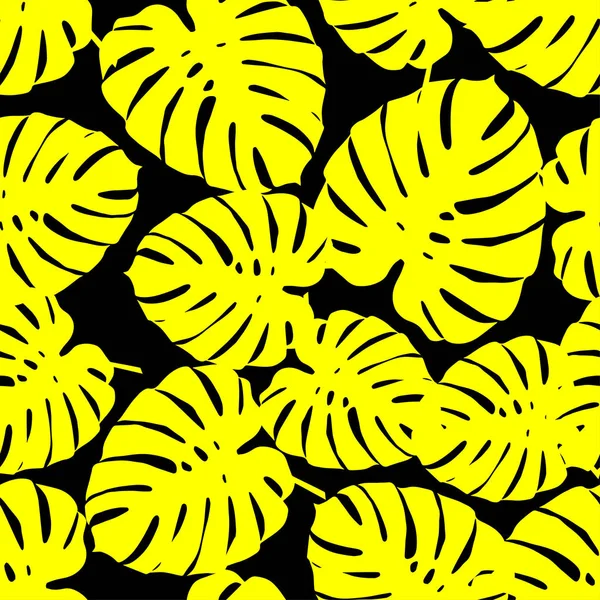 Seamless vector background with Yellow leaves of palm trees on a black background. Summer tropical design. Textile rapport. — Stock Vector