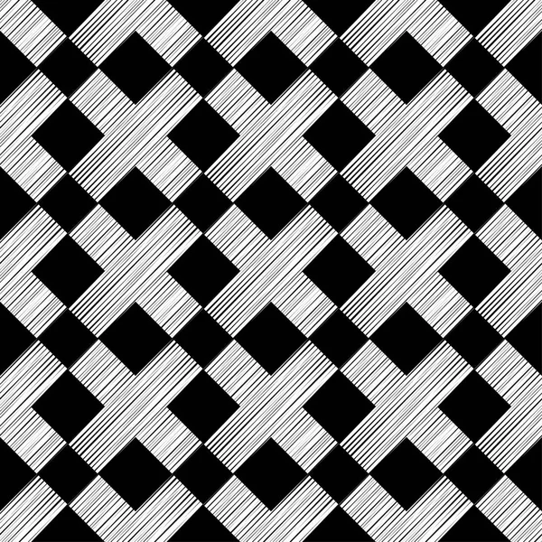 Fundo vetorial preto e branco sem costura com formas geométricas abstratas. As vantagens e cruzes. Textura de madeira. Relação têxtil . — Vetor de Stock