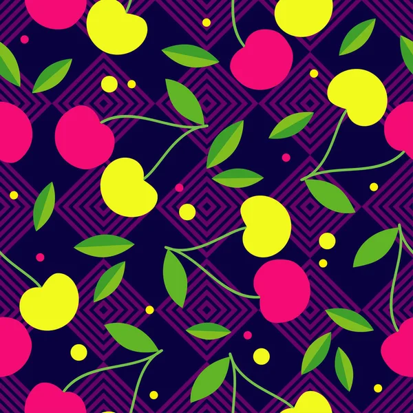 Seamless pattern with decorative pink and yellow cherries. Garden berries. Textile rapport. — Stock Vector