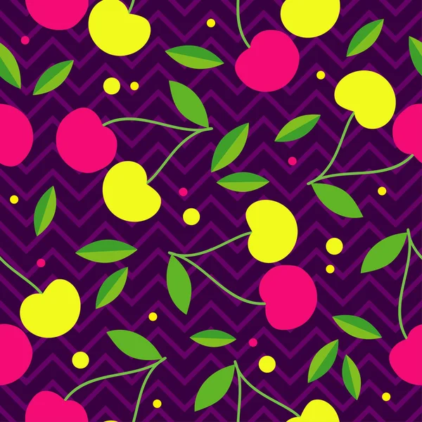 Wzór z ozdobne wiśnie różowy i żółty. Ogrodowe jagody. Program rapport włókienniczych. — Wektor stockowy