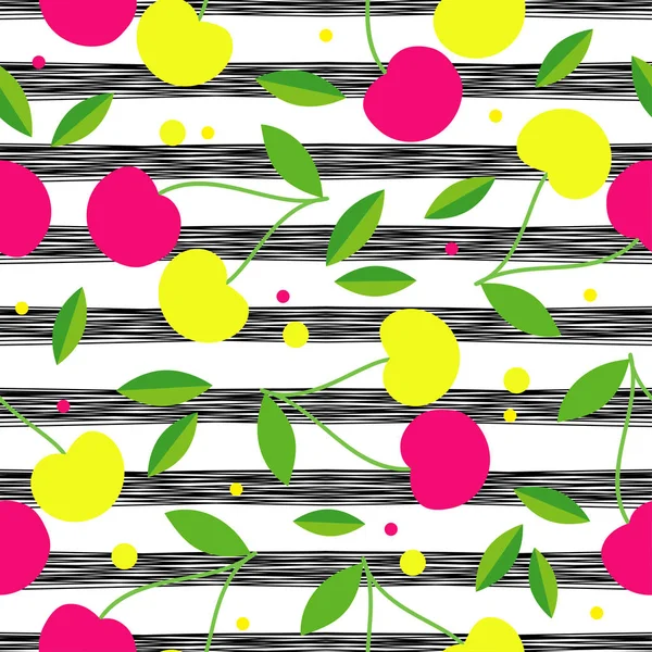 Wzór z ozdobne wiśnie różowy i żółty. Ogrodowe jagody. Program rapport włókienniczych. — Wektor stockowy