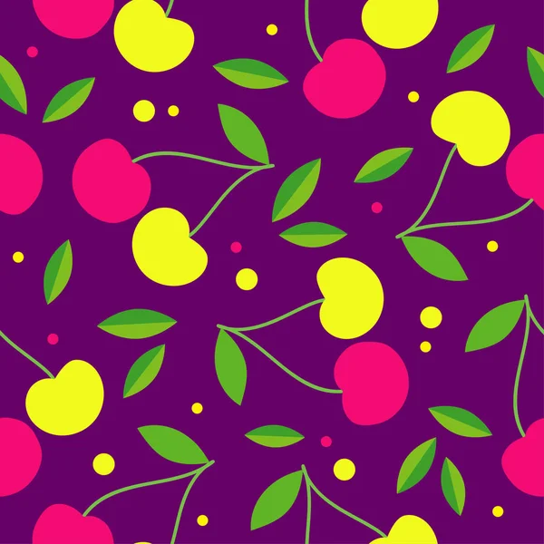 Patrón sin costuras con cerezas decorativas de color rosa y amarillo. Bayas de jardín. Relación textil . — Vector de stock