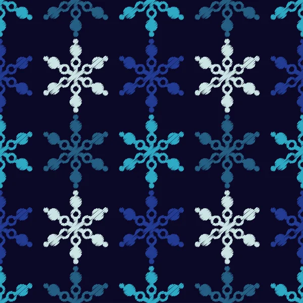 Naadloze blauwe achtergrond met decoratieve sneeuwvlokken. Krabbel textuur. Textiel rapport. — Stockvector