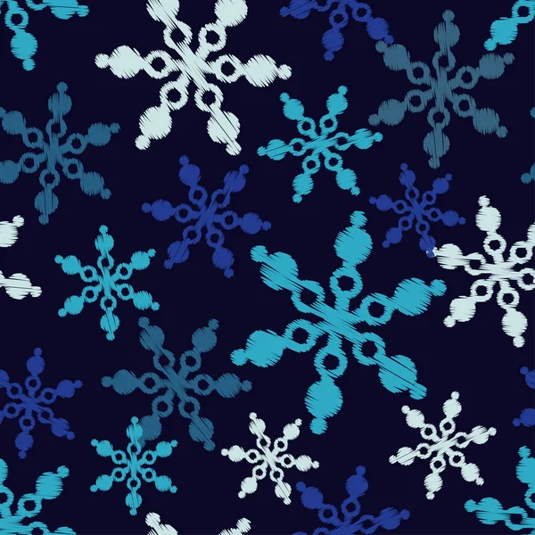 Naadloze blauwe achtergrond met decoratieve sneeuwvlokken. Krabbel textuur. Textiel rapport. — Stockvector