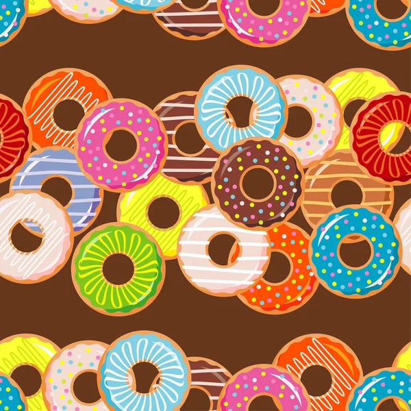 Nahtloser Hintergrund mit bunten Donuts mit Glasur und Streusel. Textilbeziehung. — Stockvektor