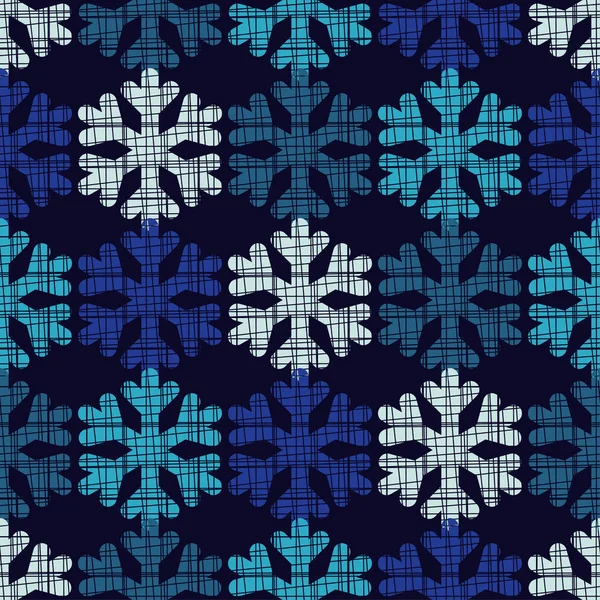 Nahtloser blauer Hintergrund mit dekorativen Schneeflocken. Kritzeltextur. Textilbeziehung. — Stockvektor