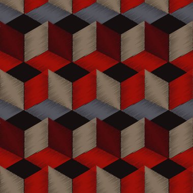 Tamamen sorunsuz, soyut küp desen. Renkli tasarımı, geometrik 3d arka plan. Karalama doku.