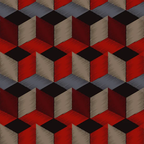 Volledig naadloze, abstracte kubus patroon. Kleurrijk ontwerp, geometrische 3D-achtergrond. Krabbel textuur. — Stockvector