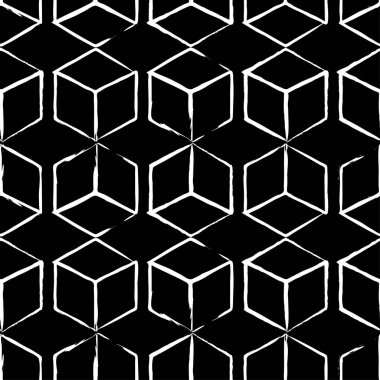 Tamamen sorunsuz, soyut küp desen. Siyah ve beyaz tasarım, geometrik 3d arka plan. Çizim fırçası ve tebeşir.