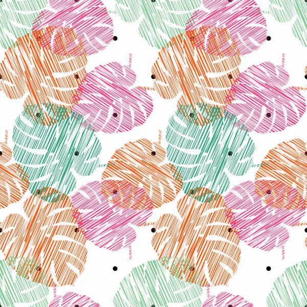 Monstera seamless background. Seamless pattern with decorative leaves. Scribble texture. Textile rapport.