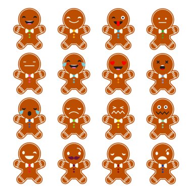 Duygular Gingerbread ayarlayın. Sevimli çizgi Gingerbread. Vektör stili gülümseme simgeler. 