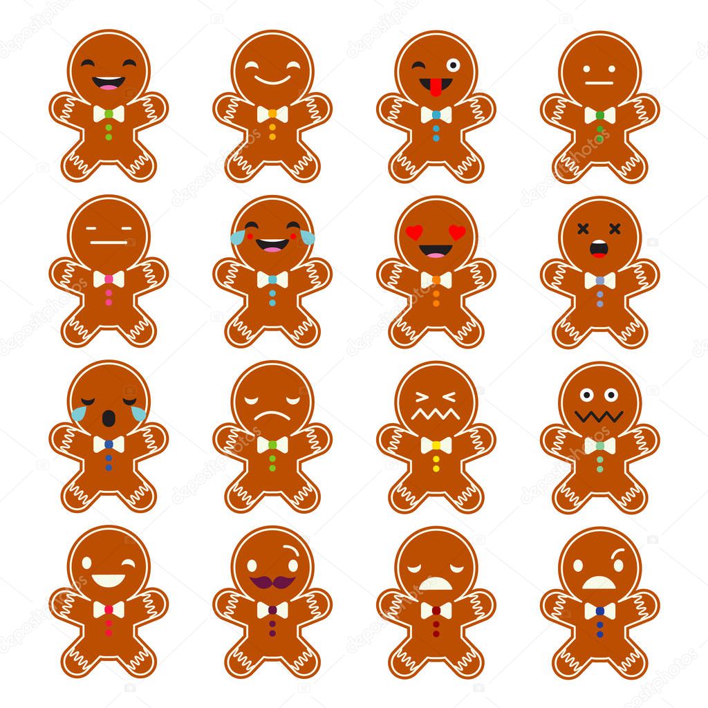 Set Emotions Gingerbread. Cute cartoon Gingerbread. Vector style smile icons. 