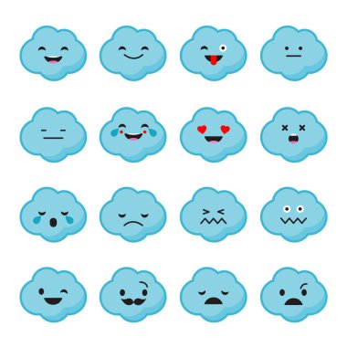 Duygular bulutlar ayarlayın. Vektör stili gülümseme simgeler. 