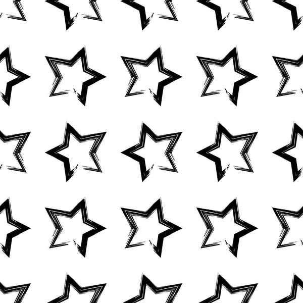 Nahtloser Vektorhintergrund mit dekorativen Sternen. Schwarz-Weiß-Pinselführung. Kratzer Textur. Textilbeziehung. — Stockvektor