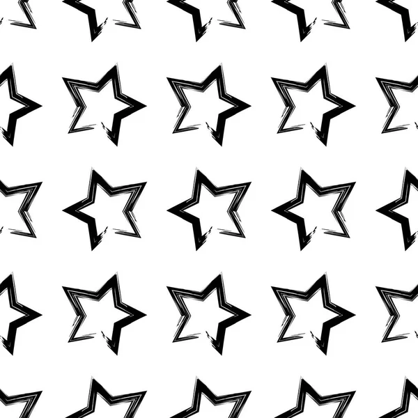 Fundo vetorial sem costura com estrelas decorativas. Pincelada em preto e branco. Arranhões textura. Relação têxtil . — Vetor de Stock