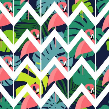 Pembe flamingolar deseni ile sorunsuz vektör arka plan. Zikzak doku. Tekstil rapport.