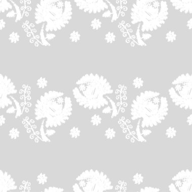 Gri bir arka plan üzerinde beyaz çiçekler. Nakış doku. Beyaz doku. Sorunsuz vektör arka plan.