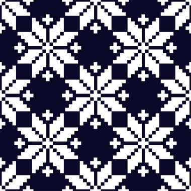 Norveç kar taneleri ile sorunsuz vektör arka plan. Piksel kar taneleri. Kış desen. Tekstil rapport.