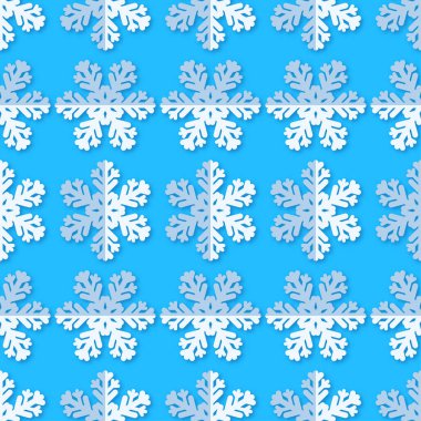 Kar taneleri ile sorunsuz arka plan. Gölgeli mavi zemin üzerine beyaz kağıt kar taneleri. Kış desen. Tekstil rapport.