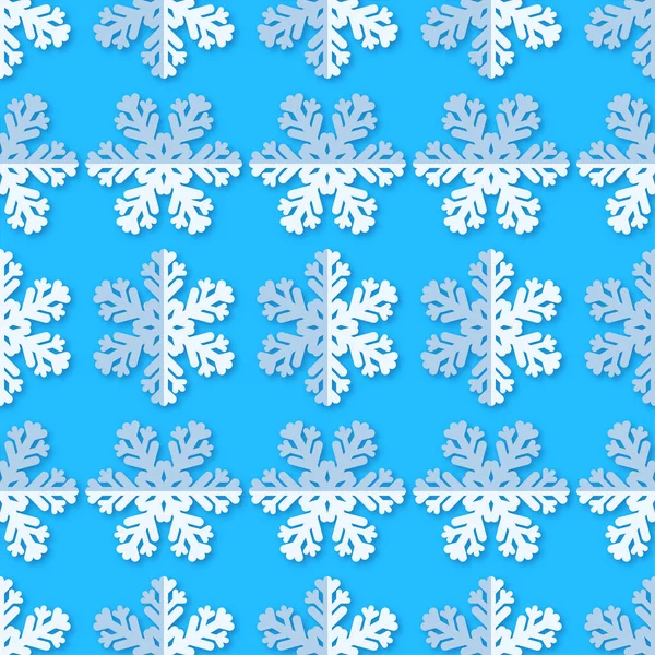 Bezszwowe tło z płatki śniegu. Białego papieru płatki śniegu z cienia na niebieskim tle. Wzór zima. Program rapport włókienniczych. — Zdjęcie stockowe
