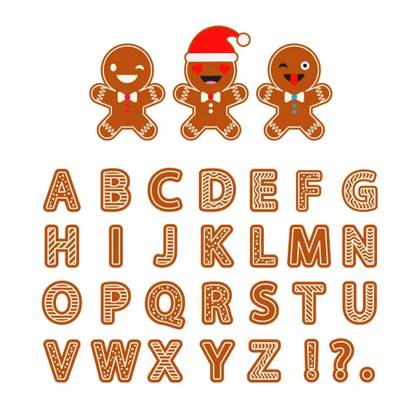 Imposta l'alfabeto vettoriale del pan di zenzero. Lettere di pan di zenzero di Natale con smalto. Grazioso cartone animato alfabeto . — Vettoriale Stock