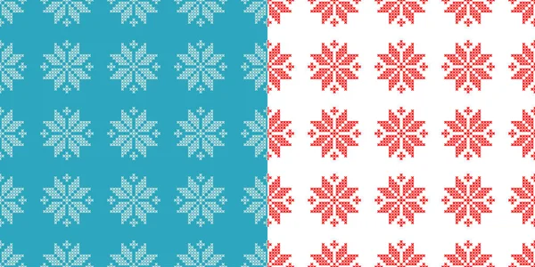 Uppsättning 2 sömlösa vektor bakgrunder cross stitch norska snöflingor. Folkliga motiv. Vinter mönster. Textil rapport. — Stock vektor