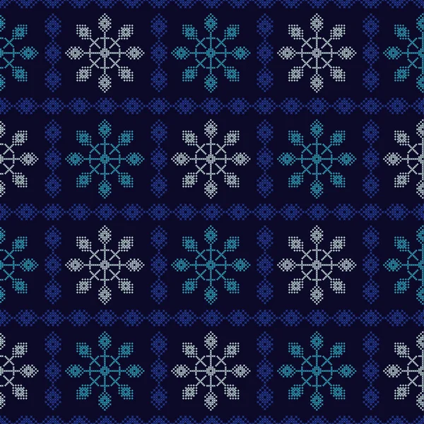 Nahtloser Vektorhintergrund Kreuzstich Norwegische Schneeflocken Volksmotive Wintermuster Textilbeziehung — Stockvektor