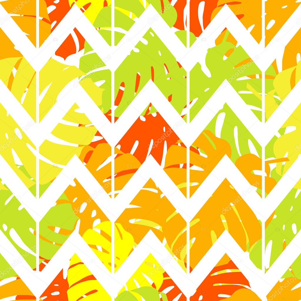 Seamless background with decorative leaves. Zigzag texture. Pattern with Palm leaves. Textile rapport.