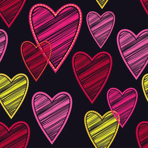 Nahtloser Vektorhintergrund Mit Dekorativen Herzen Valentinstag Stickerei Auf Stoff Kritzeltextur — Stockvektor