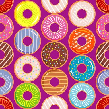 Sır ve sprinkles ile renkli donut ile Seamless modeli. Çizgi film tatlı renkli topluluğu. Tekstil rapport.