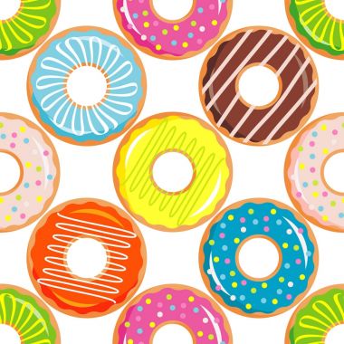 Sır ve sprinkles ile renkli donut ile Seamless modeli. Çizgi film tatlı renkli topluluğu. Tekstil rapport.