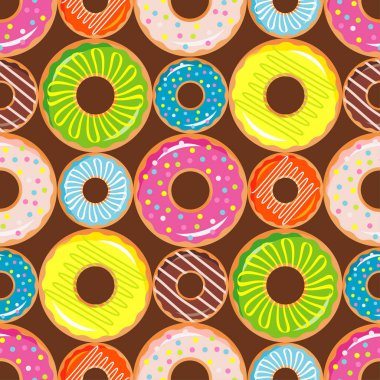 Sır ve sprinkles ile renkli donut ile Seamless modeli. Çizgi film tatlı renkli topluluğu. Tekstil rapport.