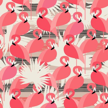 Pembe flamingolar deseni ile sorunsuz vektör arka plan. Pembe flamingolar üstünde palmiye yaprakları. Tekstil rapport.