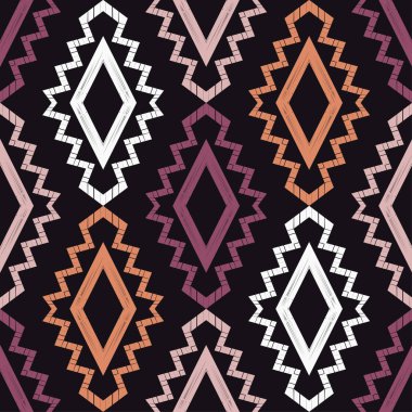 Etnik boho kusursuz desen. Dantelli. Kumaş üzerine nakış. Yama dokusu. Dokuma. Geleneksel süs. Kabile düzeni. Halk motifi. Web tasarımı veya yazdırma için vektör illüstrasyonu.