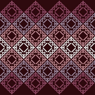 Etnik boho kusursuz desen. Dantelli. Kumaş üzerine nakış. Yama dokusu. Dokuma. Geleneksel süs. Kabile düzeni. Halk motifi. Web tasarımı veya yazdırma için vektör illüstrasyonu.