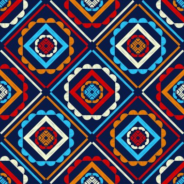 Etnik boho kusursuz desen. Dantelli. Kumaş üzerine nakış. Yama dokusu. Dokuma. Geleneksel süs. Kabile düzeni. Halk motifi. Web tasarımı veya yazdırma için vektör illüstrasyonu.